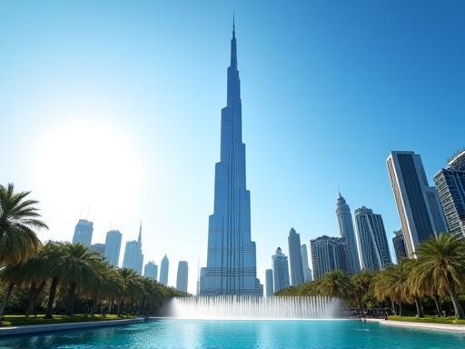 View of Burj Khalifa, the world's tallest building, from downtown Dubai with fountains in the foreground
