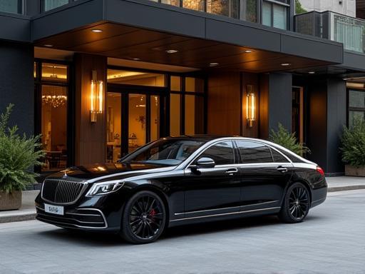 Luxury black car parked elegantly outside a modern Dubai hotel entrance, ready for a transfer