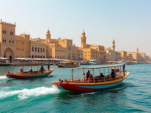 Traditional Abra boats crossing Dubai Creek with historic buildings in the background, depicting old Dubai