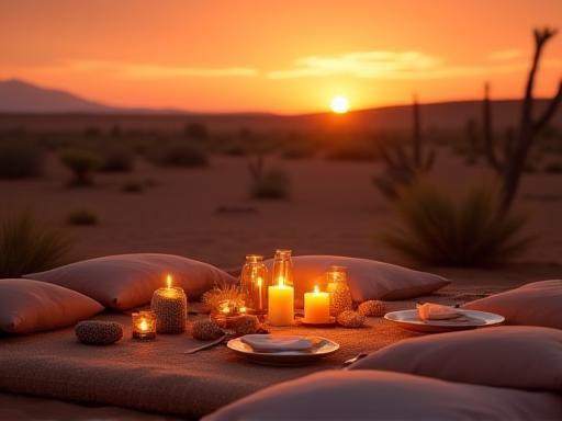 Romantic private dinner setup outdoors in the desert at sunset with candles and cushions