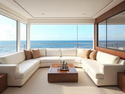 Plush and luxurious interior lounge area of a private yacht with comfortable seating and views of the sea
