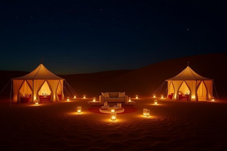 Luxury desert camp setup at night